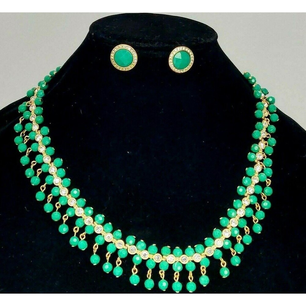 Vtg NRT Gold Tone Crystal & Green Bead Collar 18" Necklace and Earrings Dangle